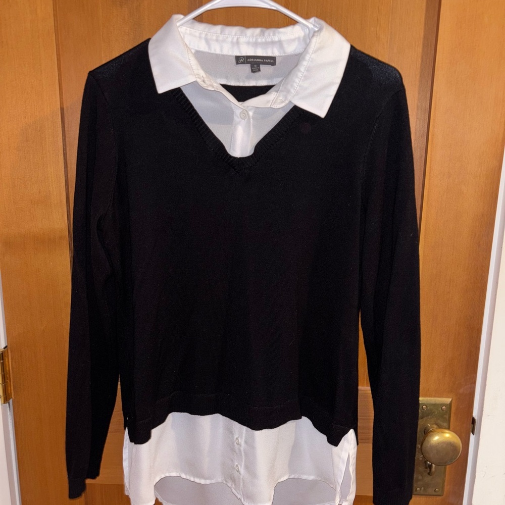 Adrianna Patel V-Neck Twofer Sweater Black/White M